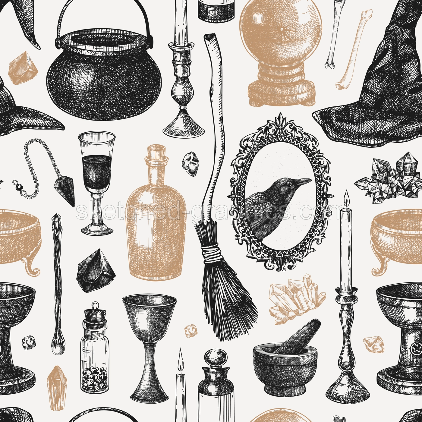 Bohemian style witchcraft background. Vinatge Halloween sketches. Hand-drawn vector illustration. Witchcraft seamless pattern. NOT AI generated Illustration